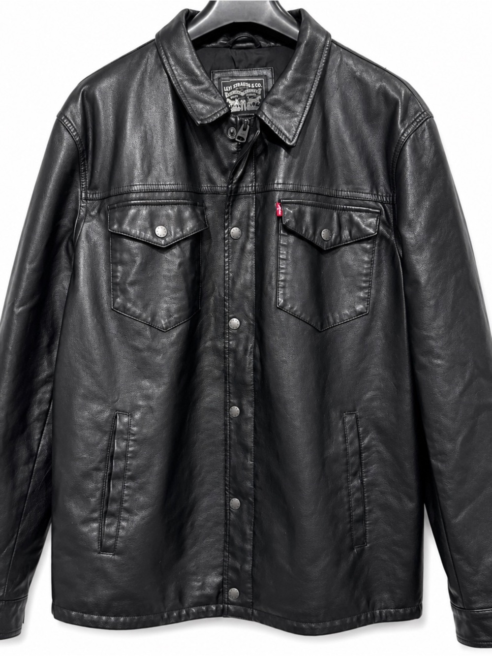Levi’s Men’s 2XL Black Faux Leather Trucker Jacket Snap Zip Vegan Moto Coat